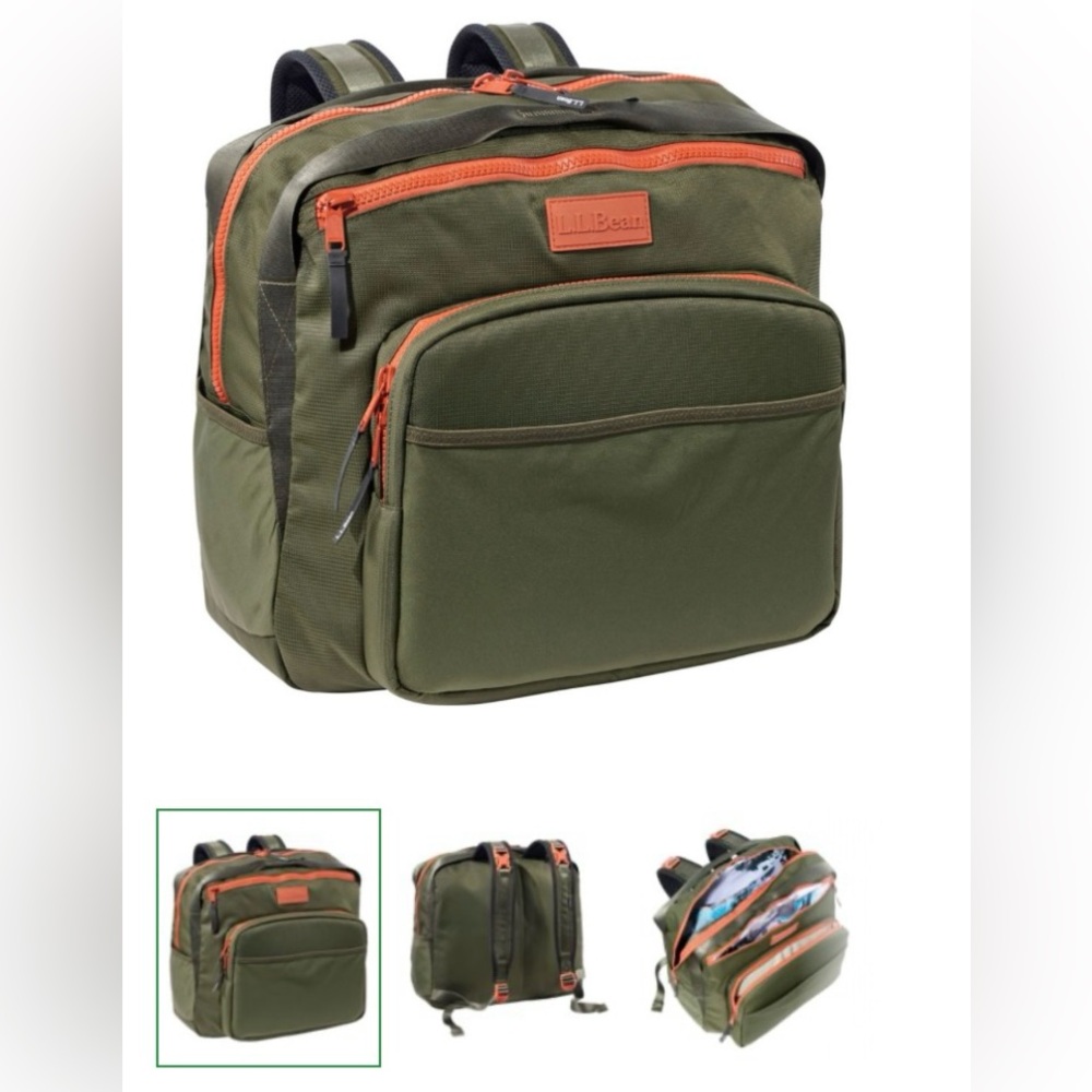 L.L. Bean Olive Green Baby Backpack with Orange Zipper Accents